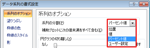 「系列の分割」ボックスでは、「パーセント値」以外に「位置」「値」「ユーザー設定」を選択できます