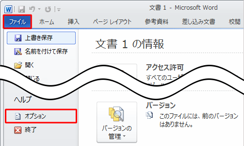 「リボン」から「ファイル」タブをクリックし、「オプション」をクリックします