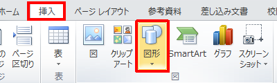 「リボン」から「挿入」タブをクリックし、「図」グループの「図形」をクリックします