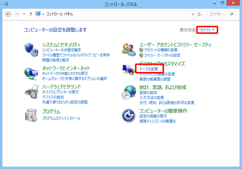 表示方法が「カテゴリ」になっていることを確認して、「テーマの変更」をクリックします