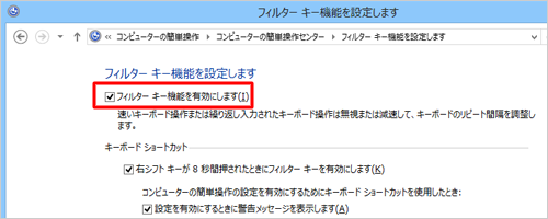 「フィルターキー機能を有効にします」にチェックを入れます