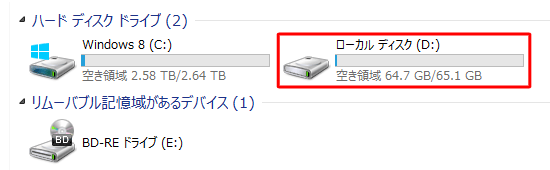 ローカルディスク（D:）の場合、「D」がドライブ文字となります