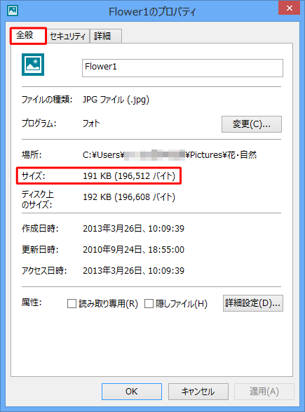 「全般」タブをクリックして、「サイズ」を確認します