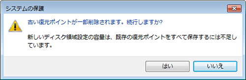 「はい」をクリックすると古い復元ポイントが一部削除されます