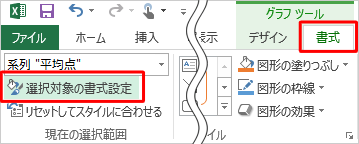 リボンから「書式」タブをクリックし、「現在の選択範囲」グループの「選択対象の書式設定」をクリックします