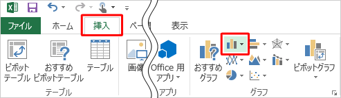 リボンから「挿入」タブをクリックして、「グラフ」の「縦棒グラフの挿入」をクリックします