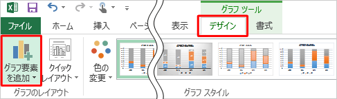 グラフが選択された状態で、リボンから「デザイン」タブをクリックして、「グラフのレイアウト」の「グラフ要素の追加」をクリックします