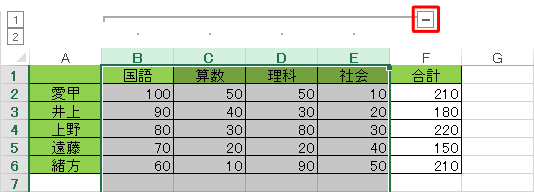 列番号の上部に表示された「-」をクリックします