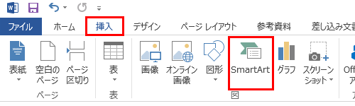 リボンから「挿入」タブをクリックし、「図」グループの「SmartArt」をクリックします