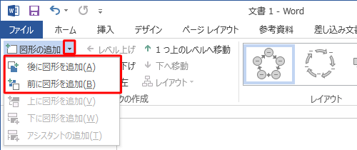 「図形の追加」の下矢印をクリックすると、図形を追加する位置を前後から選択できます