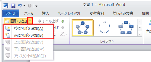 「図形の追加」の下矢印をクリックすると、図形を追加する位置を前後から選択できます