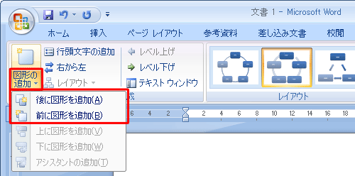 「図形の追加」の下部クリックすると、図形を追加する位置を前後から選択できます