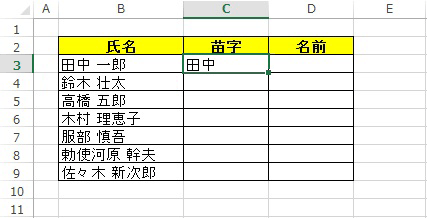 苗字だけを書き出すために、セルC3に「田中」と入力します