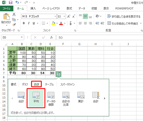 合計の平均値を選択した場合