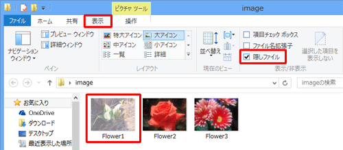 ファイルを表示させたい場合は、「表示」タブをクリックし、「隠しファイル」をクリックしてチェックを入れると表示されます