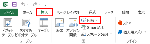 リボンから「挿入」タブをクリックし、「図」グループの「図形」をクリックします