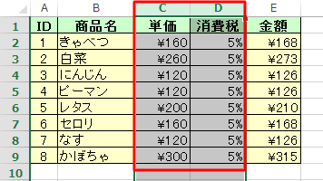 非表示にしたい行または列を選択します