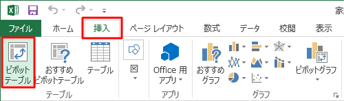 リボンから「挿入」タブをクリックし、「テーブル」グループの「ピボットテーブル」をクリックします