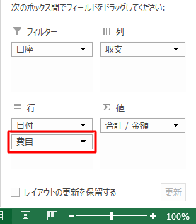 「行」「列」ボックスに設定したフィールドをドラッグ&ドロップで入れ替えることで、データの分析方法を変更できます