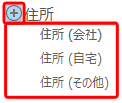 住所を追加したい場合は、「住所」の左にある「+」をクリックし、表示された一覧から任意の項目をクリックします