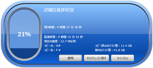 「さらに詳しく」をクリックすると、バックアップの進捗状況などを確認することができます