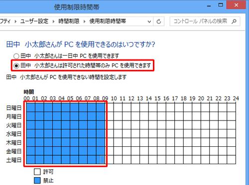 「（ユーザー名）さんは許可された時間帯のみPCを使用できます」をクリックし、使用できない時間帯はクリックして設定します