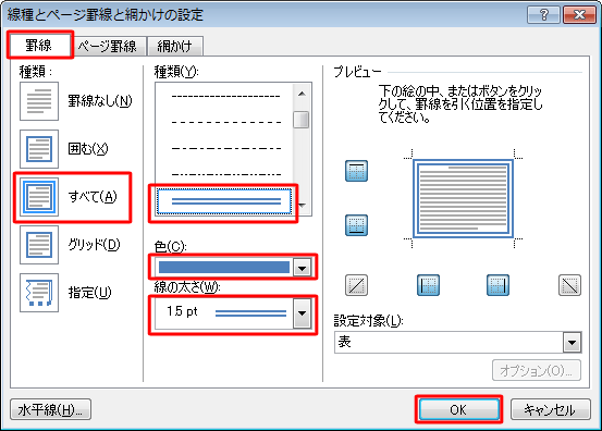 「罫線」タブをクリックし、各項目を設定して「OK」をクリックします