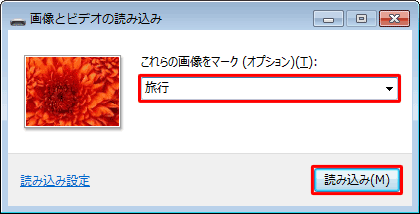 画像にタグを設定したい場合は「これらの画像をマーク」ボックスに任意のタグを入力し、「読み込み」をクリックします
