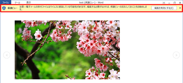 Outlook 2013では、既定で「保護ビュー」で表示されます。ウイルス感染の予防のため、編集する必要がない場合はこのままで閲覧することをおすすめします