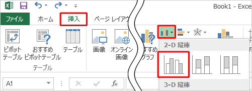 リボンから「挿入」タブをクリックし、「グラフ」グループから「縦棒グラフの挿入」をクリックして、表示された一覧から「集合縦棒」をクリックします