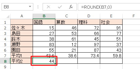 セルB8にセルB7の値を四捨五入した値が表示されます