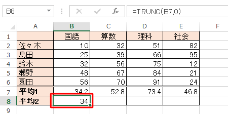 セル「B8」にセル「B7」の値から小数点以下を切り捨てた値が表示されます