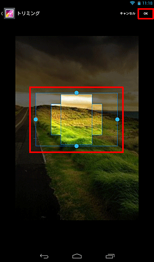 画像に表示された枠を上下左右に動かして、表示したい範囲を設定したら、画面右上の「OK」をタップします