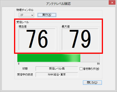 「受信レベル」に受信状態（現在値と最大値）が表示されます