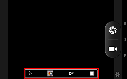 一部の機種では、画面下にアイコンが表示され、タップして表示される一覧から、「露出・色彩効果・ホワイトバランス・撮影モード」を設定できます