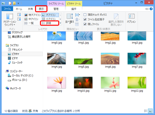 リボンから「表示」タブをクリックし、「レイアウト」グループの「詳細」をクリックします