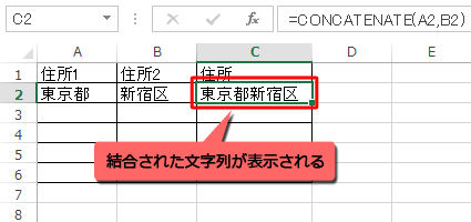 「C2」セルに結合された文字列が表示されます