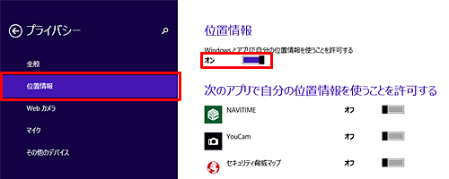 画面左側から「位置情報」をクリックし、「Windowsとアプリで自分の位置情報を使うことを許可する」のスイッチをクリックして「オン」にします