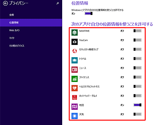 位置情報の使用を許可する場合は「オン」に、許可しない場合は「オフ」に設定してください