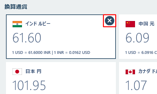 追加した換算通貨を削除する場合は、削除したい換算通貨を右クリックして「×」をクリックします