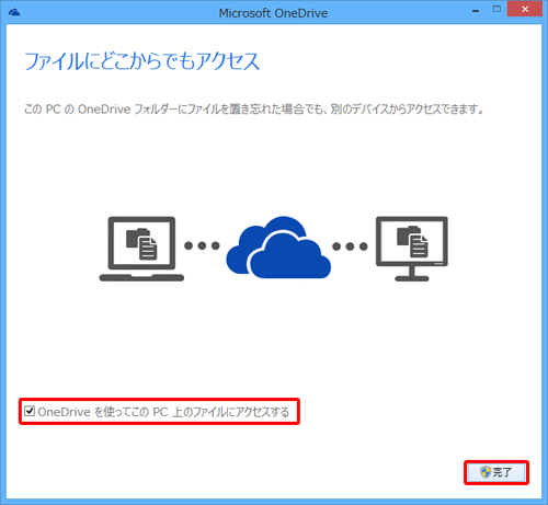 「ファイルにどこからでもアクセス」という画面が表示されたら、「OneDriveを使ってこのPC上のファイルにアクセスする」にチェックが入っていることを確認し、「完了」をクリックします