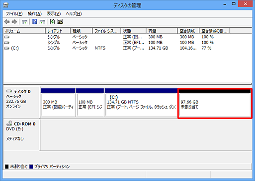 「ディスクの管理」画面に戻ったら、「未割り当て」の領域が表示されていることを確認します