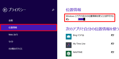 「位置情報」をクリックし、「Windowsとアプリで自分の位置情報を使うことを許可する」のつまみを右に動かして「オン」にします