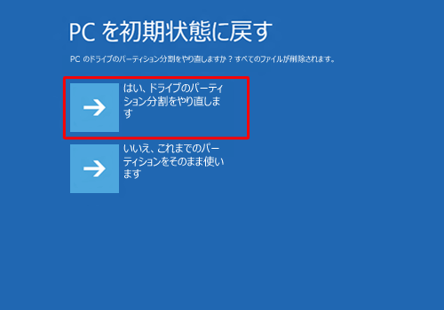 「はい、ドライブのパーティション分割をやり直します」をクリックします