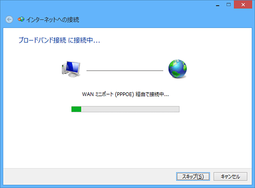 「インターネット接続をテストしています…」という画面が表示されるので、しばらく待ちます
