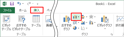 リボンから「挿入」タブをクリックし、「グラフ」グループの「縦棒」をクリックします