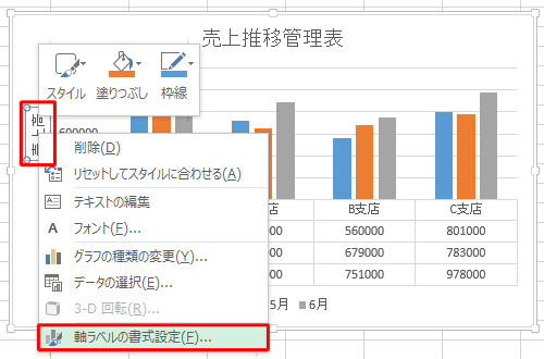 「軸ラベル」を右クリックし、「軸ラベルの書式設定」をクリックします
