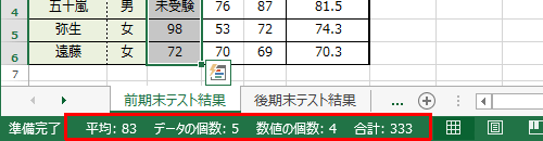 （例）「平均」「データの個数」「数値の個数」「合計」を確認する