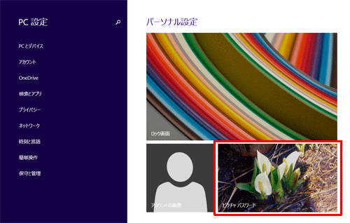 「パーソナル設定」の「ピクチャパスワード」をクリックします