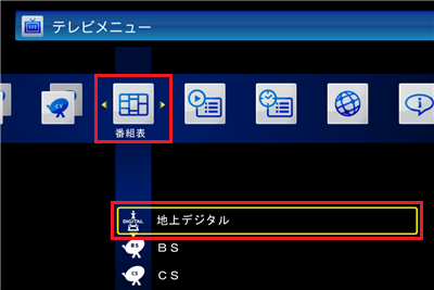 「番組表」をクリックして、「地上デジタル」をクリックします
